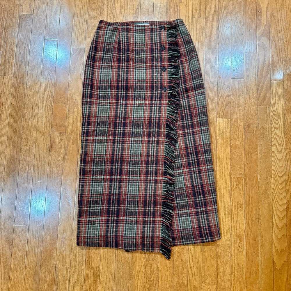 Vintage J London Plaid Wool Wrap Skirt Womens 10 Midi Brown Rust Dark Academia